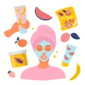 Vector hand drawn illustration - set on the theme of cosmetics, skin care. girl with masks on her face, tubes with cosmetics